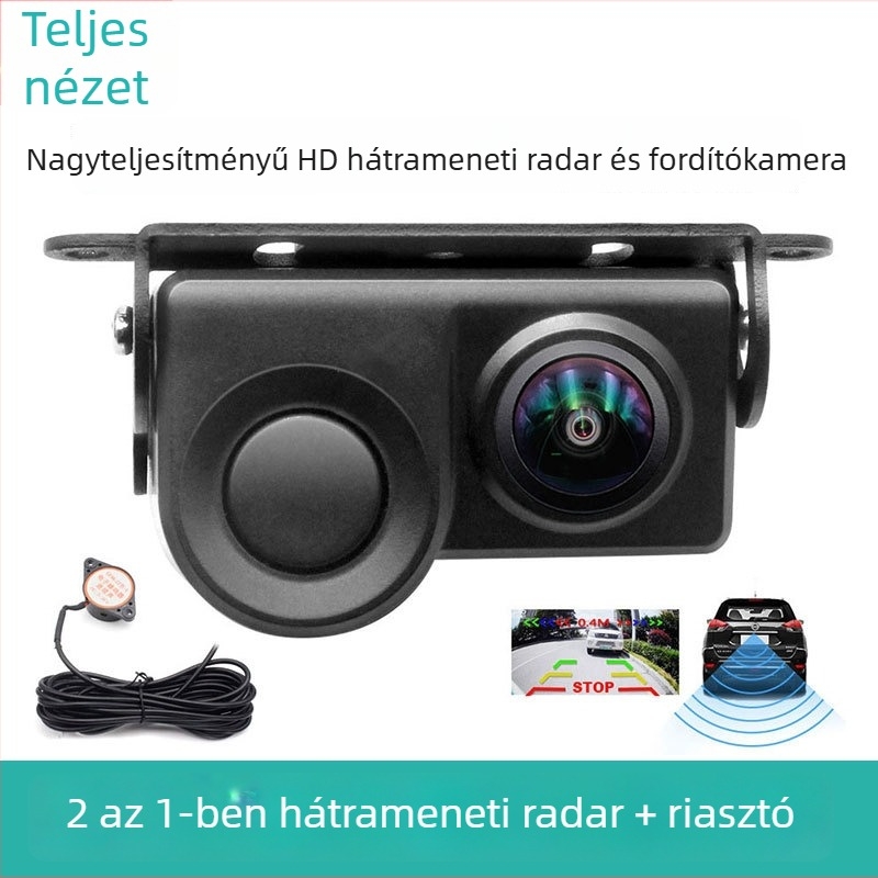 QM-2-in-1 vizuális hátsó radar CCD fish-eye kamerával, 12V tápellátás, 1 szenzor, detektálási tartomány 5–8 m, csengőriasztás
