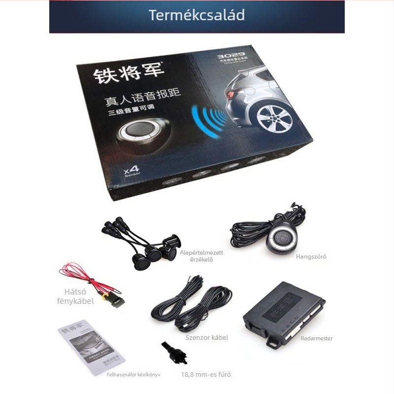 Hátsó parkolási radar 4 szenzorral, 3029 modell, 12V, érzékelő tartomány 0,3–2,0 m, sípoló figyelmeztetés