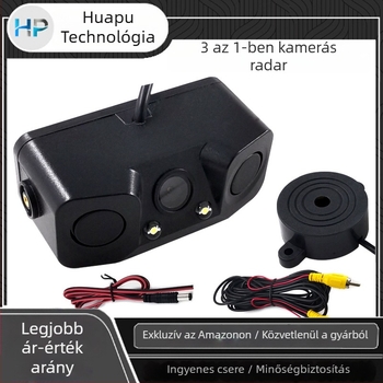 Autóhátsó radar és kamera – három az egyben rendszer vizuális képpel és csipogó hanggal (12V, állítható szög, 648×488 felbontás, AV videojel, tükrözött kép)