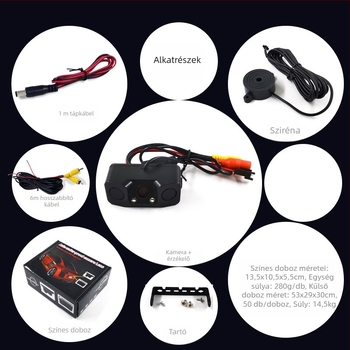 Autóhátsó radar és kamera – három az egyben rendszer vizuális képpel és csipogó hanggal (12V, állítható szög, 648×488 felbontás, AV videojel, tükrözött kép)