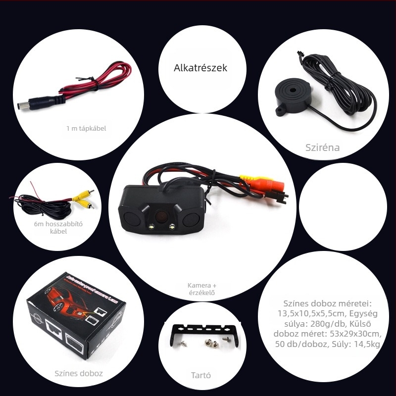 Autóhátsó radar és kamera – három az egyben rendszer vizuális képpel és csipogó hanggal (12V, állítható szög, 648×488 felbontás, AV videojel, tükrözött kép)