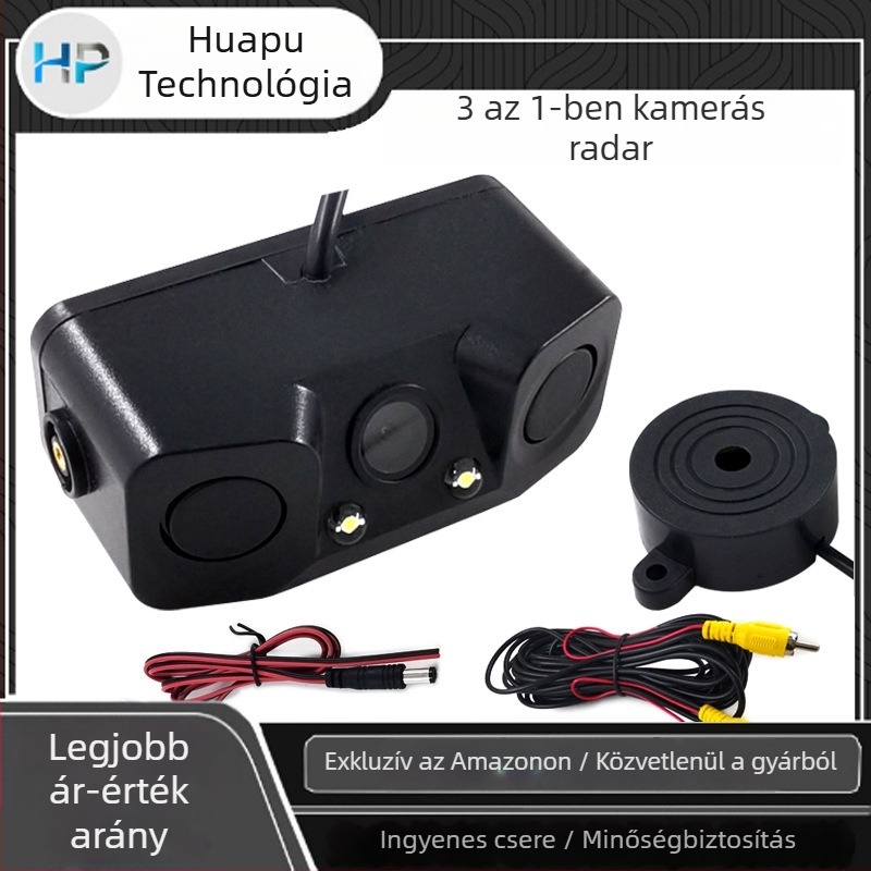 Autóhátsó radar és kamera – három az egyben rendszer vizuális képpel és csipogó hanggal (12V, állítható szög, 648×488 felbontás, AV videojel, tükrözött kép)