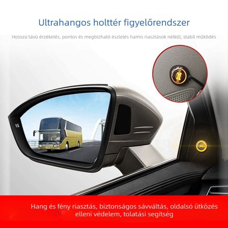 Holttérfigyelő rendszer sávváltási asszisztussal és radarriasztással, kompatibil a hátramenet tükrével — 2 szenzor, 12V, értesítés buzzerrel, hátrafelé radar