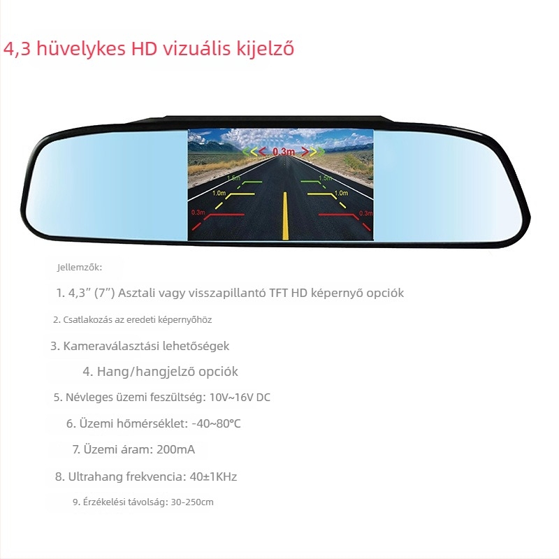 Autó hátsó nézet tükrével 4,3 hüvelykes HD kijelzővel és 4-szenzoros hátsó radarral, hangjelzéssel