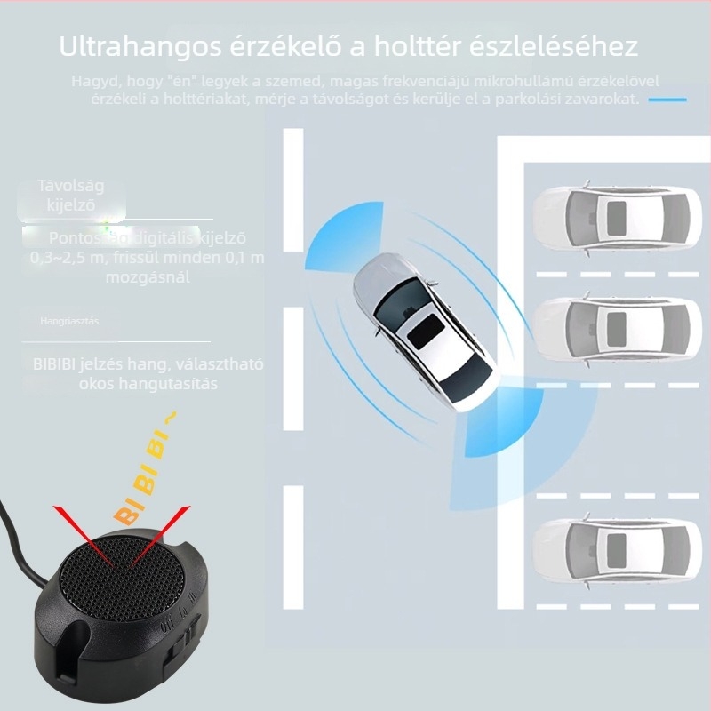 Hangalapú tolatóradar, modell A41K, 4 szenzor, detektálási táv 0,3–1,5 m, tápegység 12V 2W