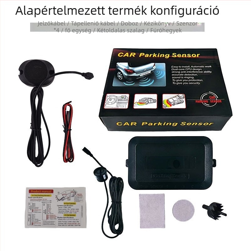 Hangalapú tolatóradar, modell A41K, 4 szenzor, detektálási táv 0,3–1,5 m, tápegység 12V 2W