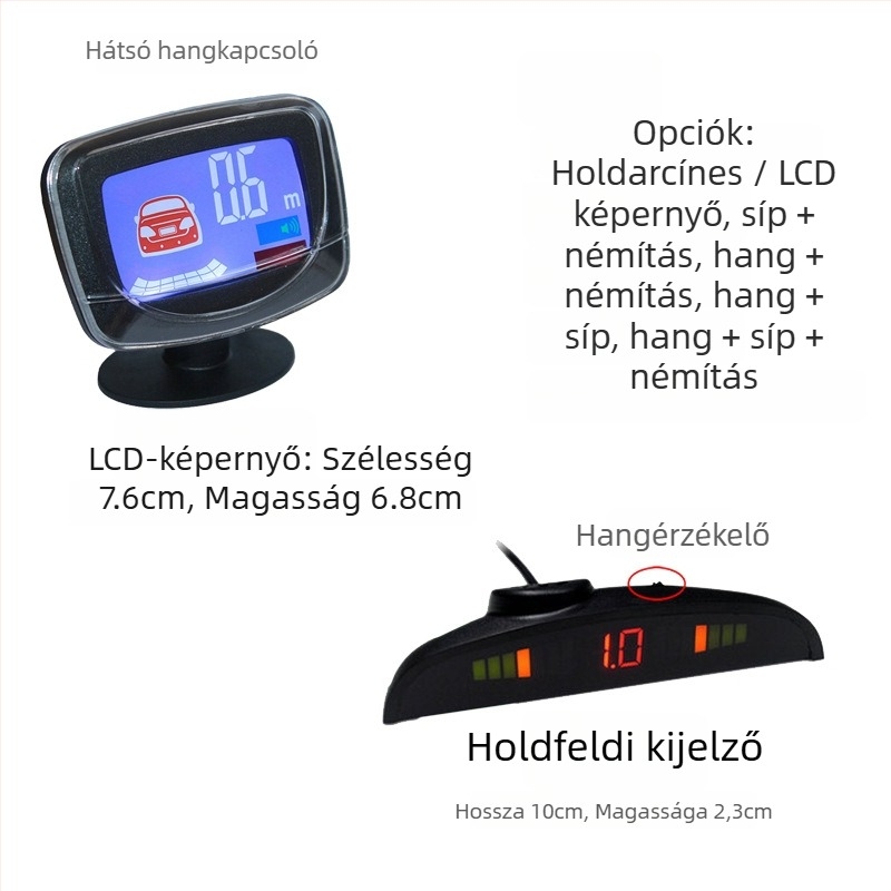 Hangos tolatóradar hangriasztóval és félhold kijelzővel, 6/8 szenzoros radar autókhoz, 12V, 0,3–2,5 m hatótávolság