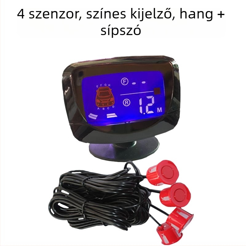 Autó hátrameneti radar 4 szenzorral, LCD kijelző, modell A46Y, hangos figyelmeztetés, érzékelési tartomány 2.5 m–0.3 m