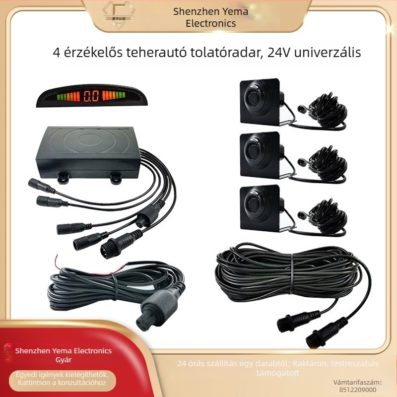 24V hátrameneti radar teherautókhoz és nagy járművekhez, 4 érzékelő, LED félhold kijelző, hangriasztás