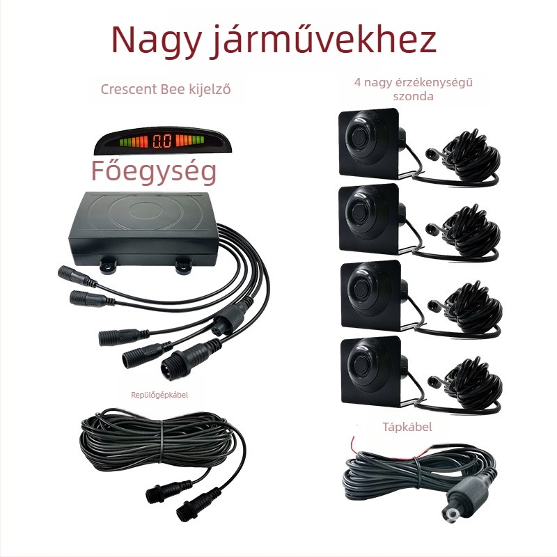 24V hátrameneti radar teherautókhoz és nagy járművekhez, 4 érzékelő, LED félhold kijelző, hangriasztás