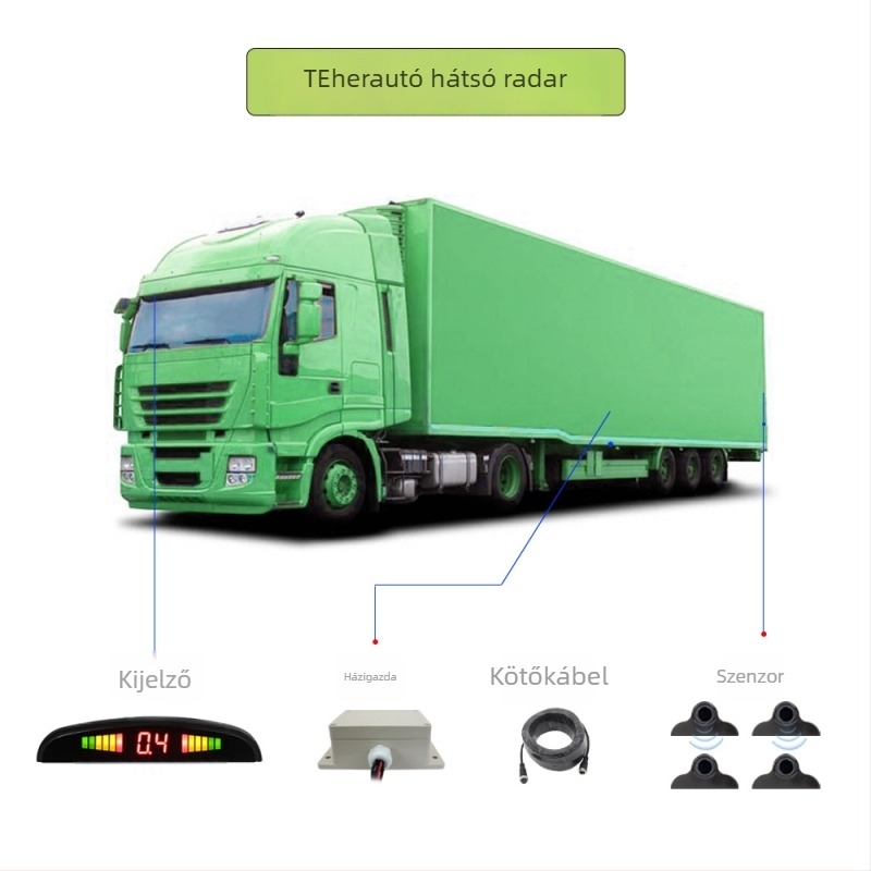 LED hátrameneti radar rendszer teherautókhoz, 24V, 4 érzékelő, 7 hüvelykes HD kijelző, modell PZ316, detekciós tartomány 3 m