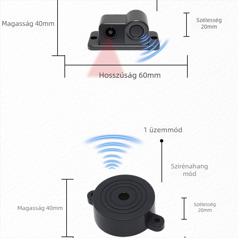12V-os 2-in-1 hátsó radar és kamera egység, modell W-017, teljesítmény 2W, érzékelési tartomány 2 m, hangriasztás