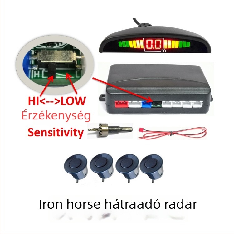 LED tolató radar, Small Crescent modell, érzékelési tartomány 0,3–2,5 m, 12 V tápegység, -40…+80 °C működési hőmérséklet