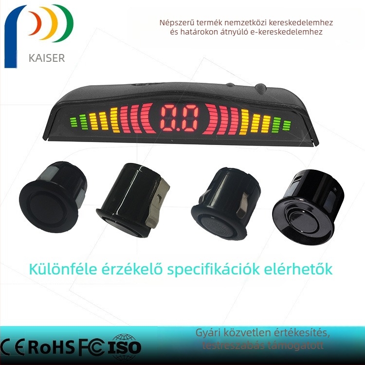 KZ-066 LED tolató radar, 4 szenzorral, 12V DC, LED kijelző, detektálási tartomány 0,3–2,5 m, 8 cm-es kijelző