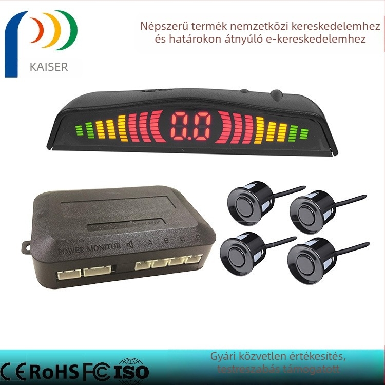 KZ-066 LED tolató radar, 4 szenzorral, 12V DC, LED kijelző, detektálási tartomány 0,3–2,5 m, 8 cm-es kijelző