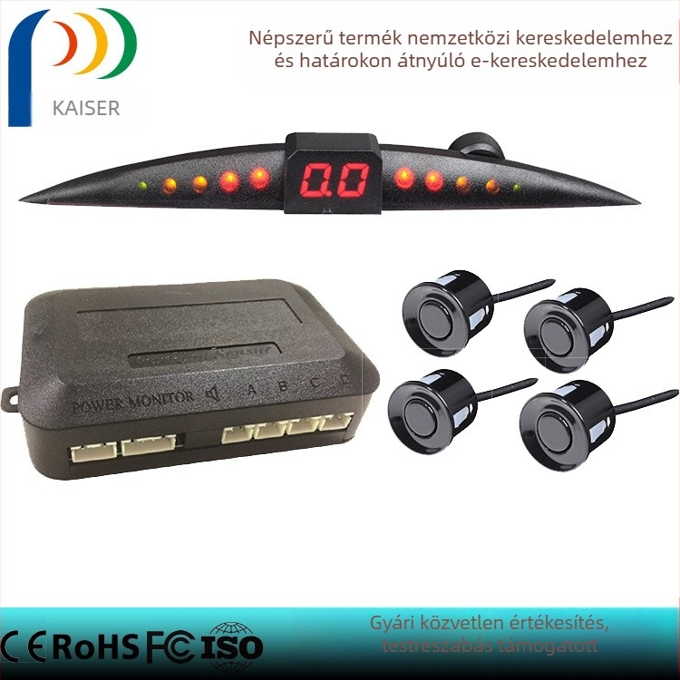 KZ-066 LED tolató radar, 4 szenzorral, 12V DC, LED kijelző, detektálási tartomány 0,3–2,5 m, 8 cm-es kijelző