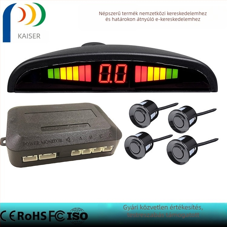 KZ-066 LED tolató radar, 4 szenzorral, 12V DC, LED kijelző, detektálási tartomány 0,3–2,5 m, 8 cm-es kijelző