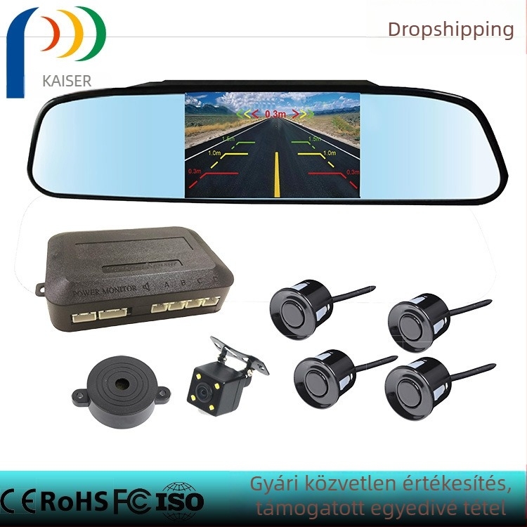 KZ-066 LED tolató radar, 4 szenzorral, 12V DC, LED kijelző, detektálási tartomány 0,3–2,5 m, 8 cm-es kijelző