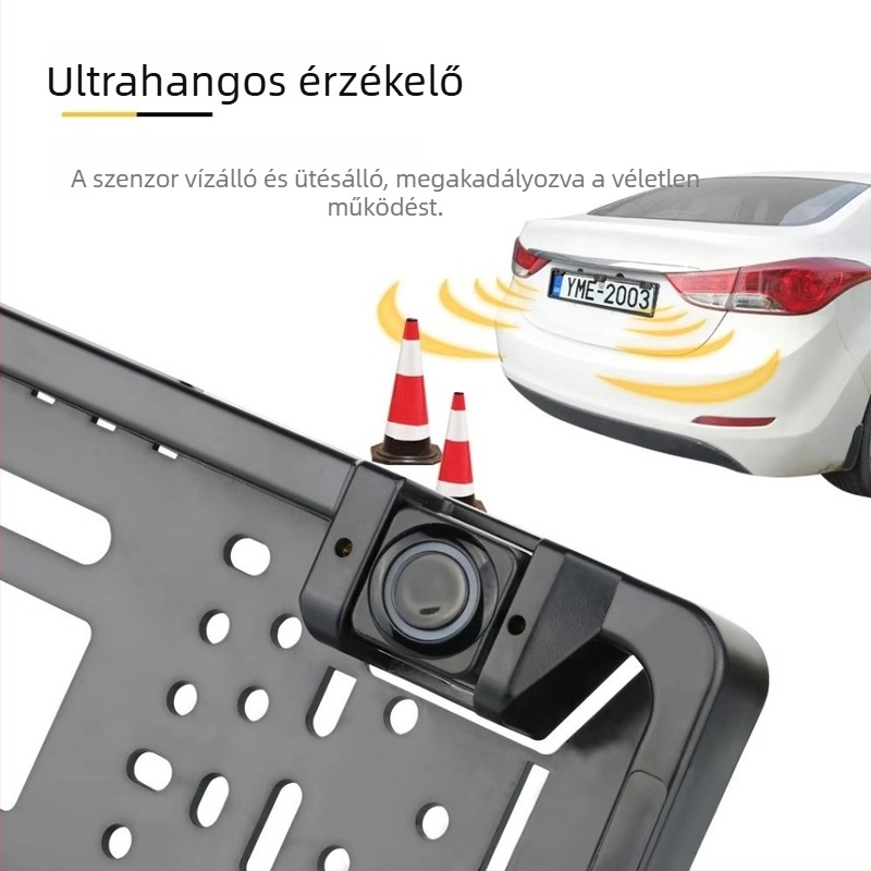 Rendszámkeret hátsó kamerával és hangalapú radarral, modell S–017, 12V, 2 érzékelő, észlelési tartomány 0.3–2.5 m