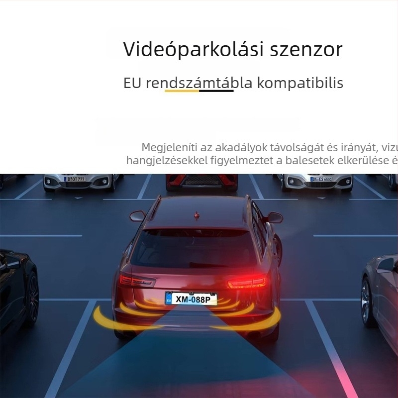 Rendszámkeret hátsó kamerával és hangalapú radarral, modell S–017, 12V, 2 érzékelő, észlelési tartomány 0.3–2.5 m