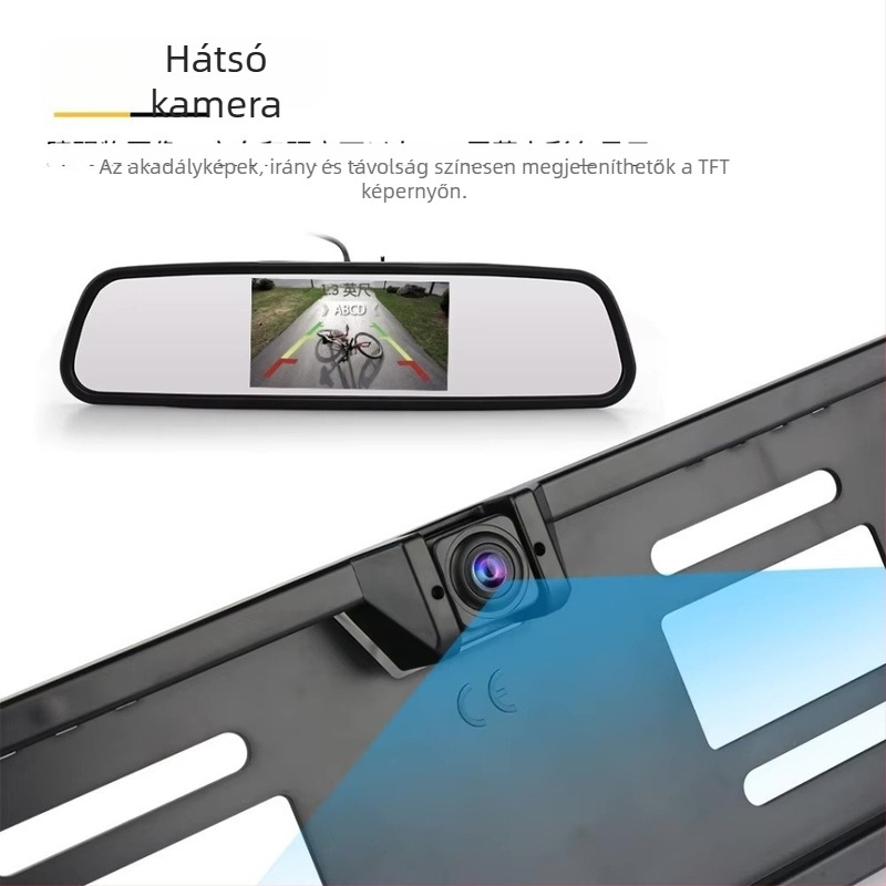 Rendszámkeret hátsó kamerával és hangalapú radarral, modell S–017, 12V, 2 érzékelő, észlelési tartomány 0.3–2.5 m