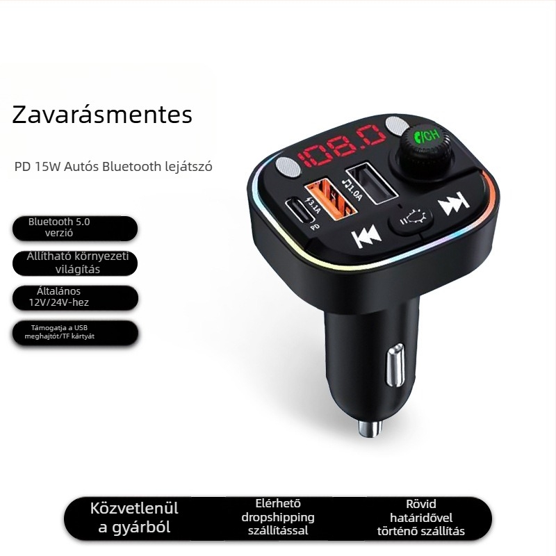 T13 autós töltő Bluetoothos lejátszással és Hands-free funkcióval, PD gyors töltés, 12-24V, USB/TF/FM