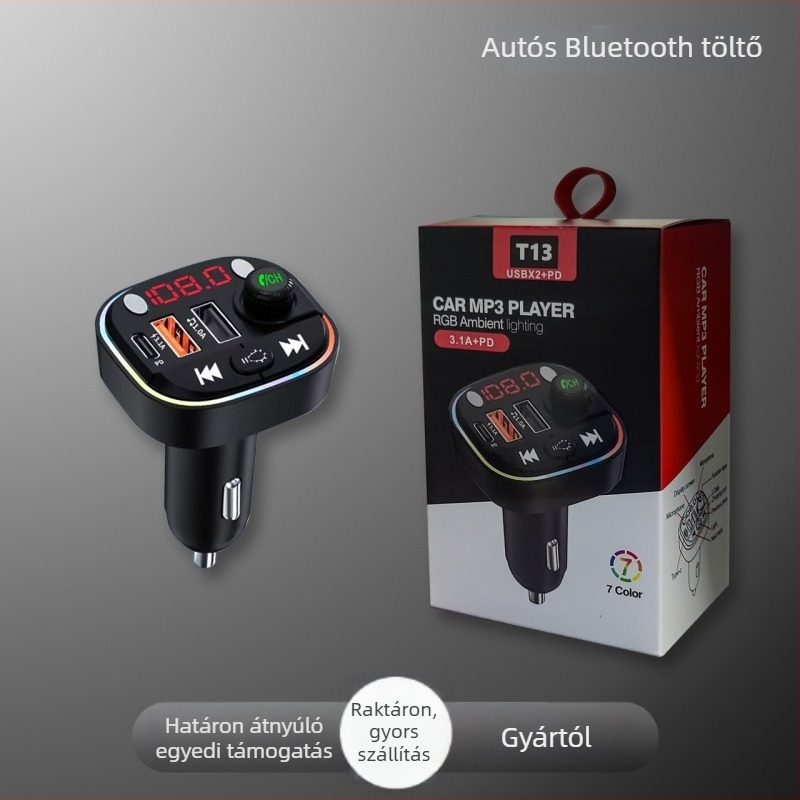 T13 autós töltő Bluetoothos lejátszással és Hands-free funkcióval, PD gyors töltés, 12-24V, USB/TF/FM