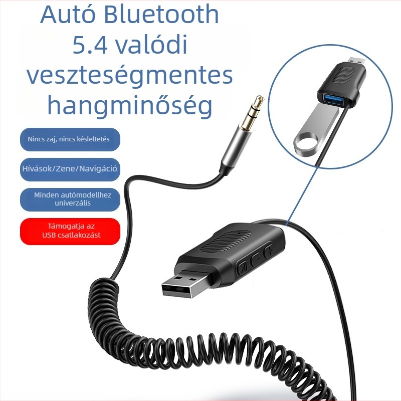 Autó Bluetooth kihangosító vevő USB memória támogatással, 5V bemenet, 1.2 m kábel, 20 Hz-20 kHz frekvenciatartomány, zaj >90 dB