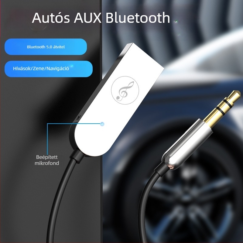 AUX autós Bluetooth-vevő, cinkötvözet testű, handsfree, 5V bemenet, 150 cm kábel, 24 kHz frekvencia-válasz, mikrofón érzékenység 42 dB
