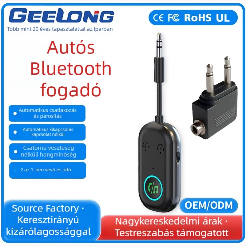 Autó Bluetooth kihangosító vevő-átvivő két az egyben, sztereó veszteségmentes hangzás, 5V bemenet, 5W hangszóró, mikrofon érzékenysége 99,9%, frekvenciasáv 20Hz–15kHz