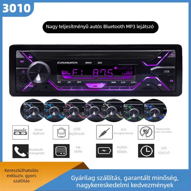Autós MP3 lejátszó Bluetooth Hands-Free, FM rádió, USB-meghajtó támogatás, Modell 3010, 12V járműtáp