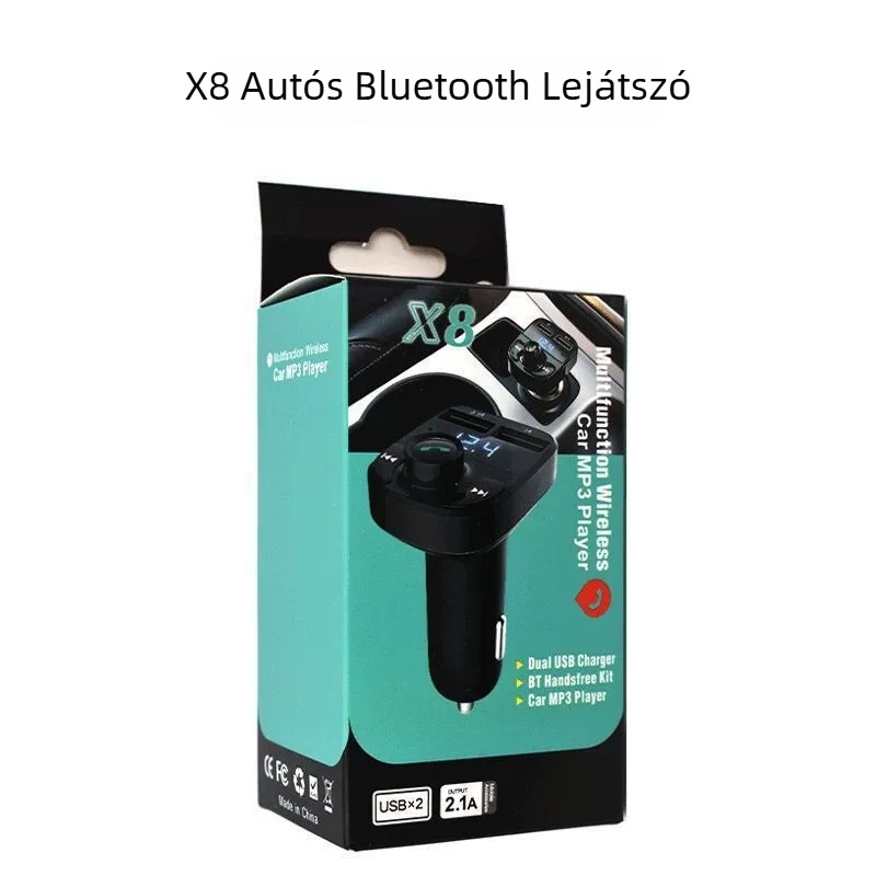 X8 autó Bluetooth-vevő kihangosítással és MP3-lejátszással, USB tápegység 12–24V