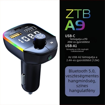 A9 autó Bluetooth MP3 lejátszó színes LED-fénnyel, többfunkciós Bluetooth kihangosító, FM transmitter és autós töltő