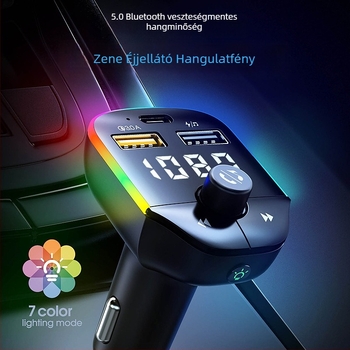 A9 autó Bluetooth MP3 lejátszó színes LED-fénnyel, többfunkciós Bluetooth kihangosító, FM transmitter és autós töltő