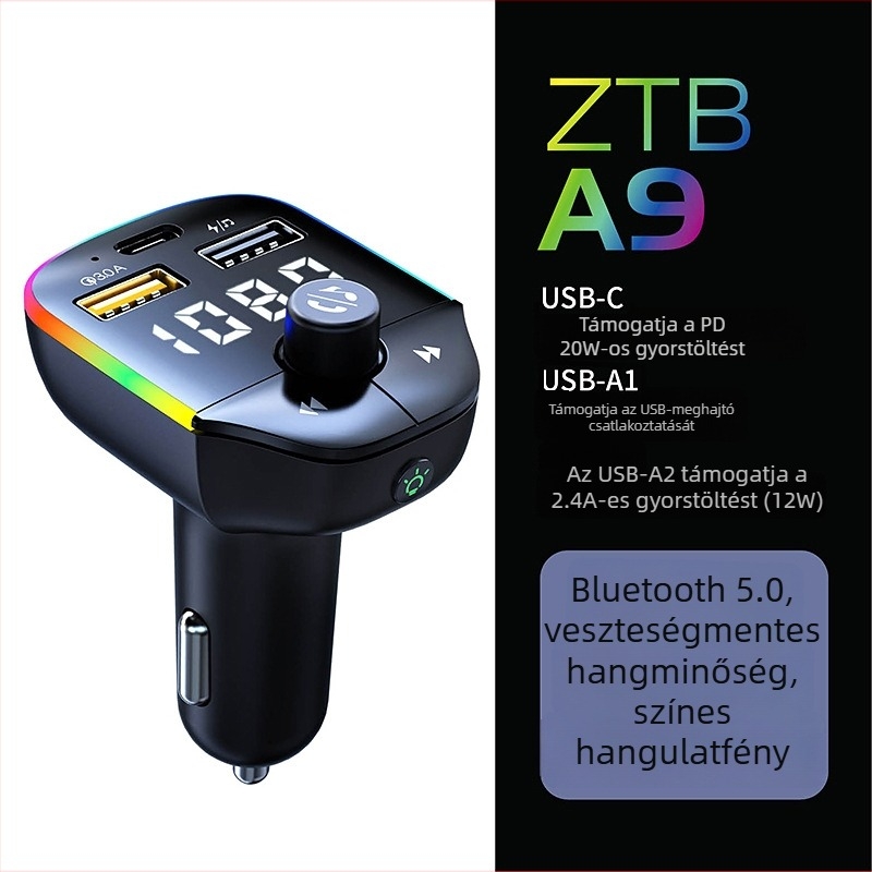A9 autó Bluetooth MP3 lejátszó színes LED-fénnyel, többfunkciós Bluetooth kihangosító, FM transmitter és autós töltő