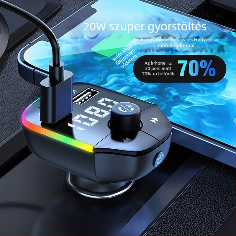 A9 autó Bluetooth MP3 lejátszó színes LED-fénnyel, többfunkciós Bluetooth kihangosító, FM transmitter és autós töltő