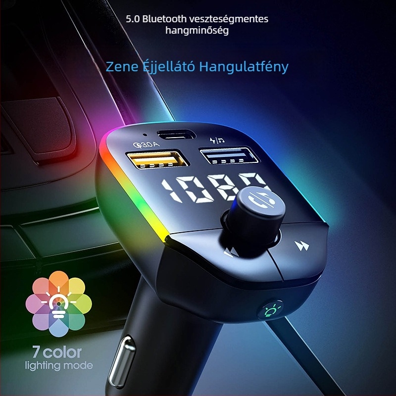 A9 autó Bluetooth MP3 lejátszó színes LED-fénnyel, többfunkciós Bluetooth kihangosító, FM transmitter és autós töltő
