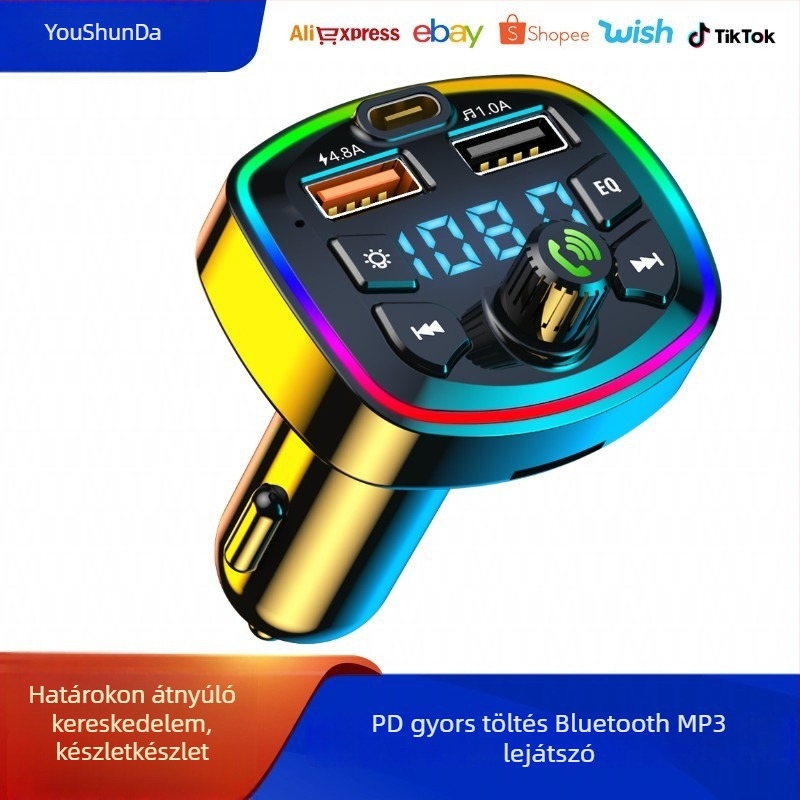 Autó Bluetooth MP3 lejátszó FM átjátszóval, Hands-Free, PD20W gyorstöltés, DC bemenet 12-24-30V, Monokróm kijelző