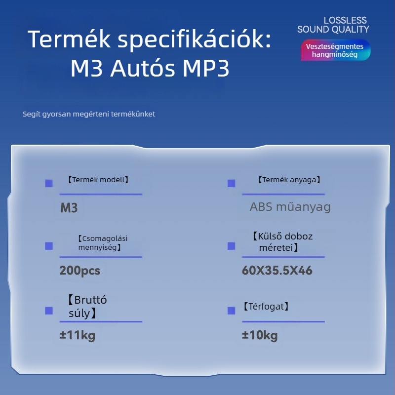 Autó Bluetooth MP3 lejátszó USB-vel, FM rádió, 12–24V tápellátás, modell M3