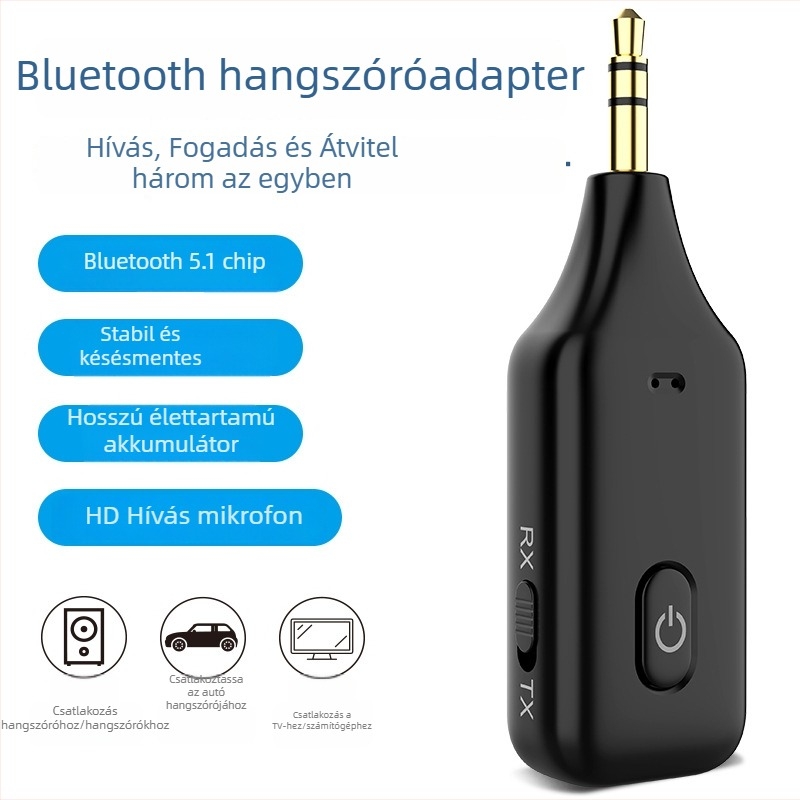 3-az-1-ben Bluetooth vevő/átvitel/adapter 3,5 mm AUX-hoz, modell A60, Plug and Play, Bluetooth 5.1, külső tápellátás nélkül, hatótávolság 15 m