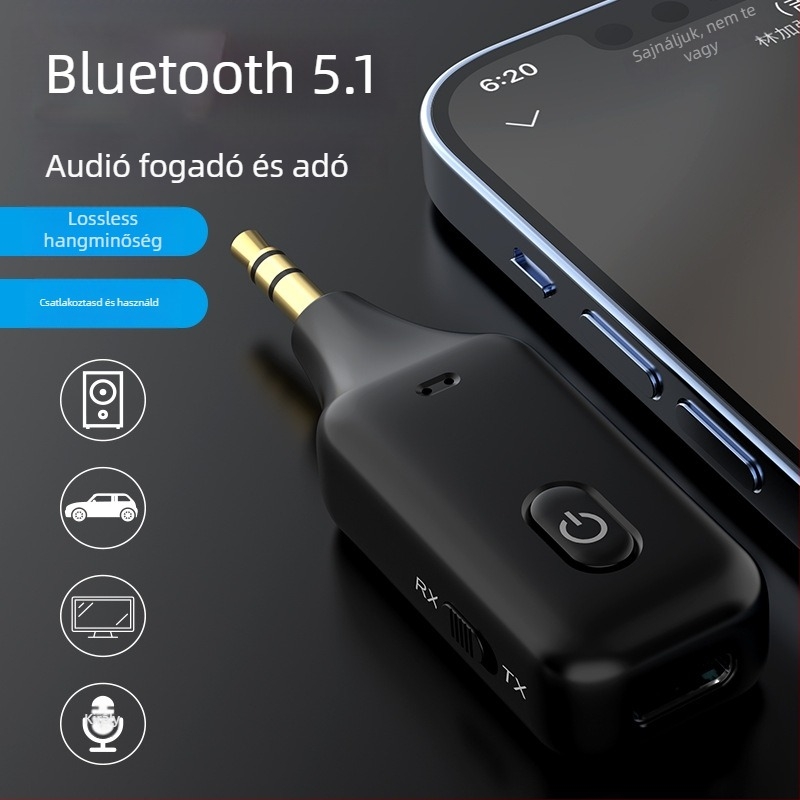 3-az-1-ben Bluetooth vevő/átvitel/adapter 3,5 mm AUX-hoz, modell A60, Plug and Play, Bluetooth 5.1, külső tápellátás nélkül, hatótávolság 15 m