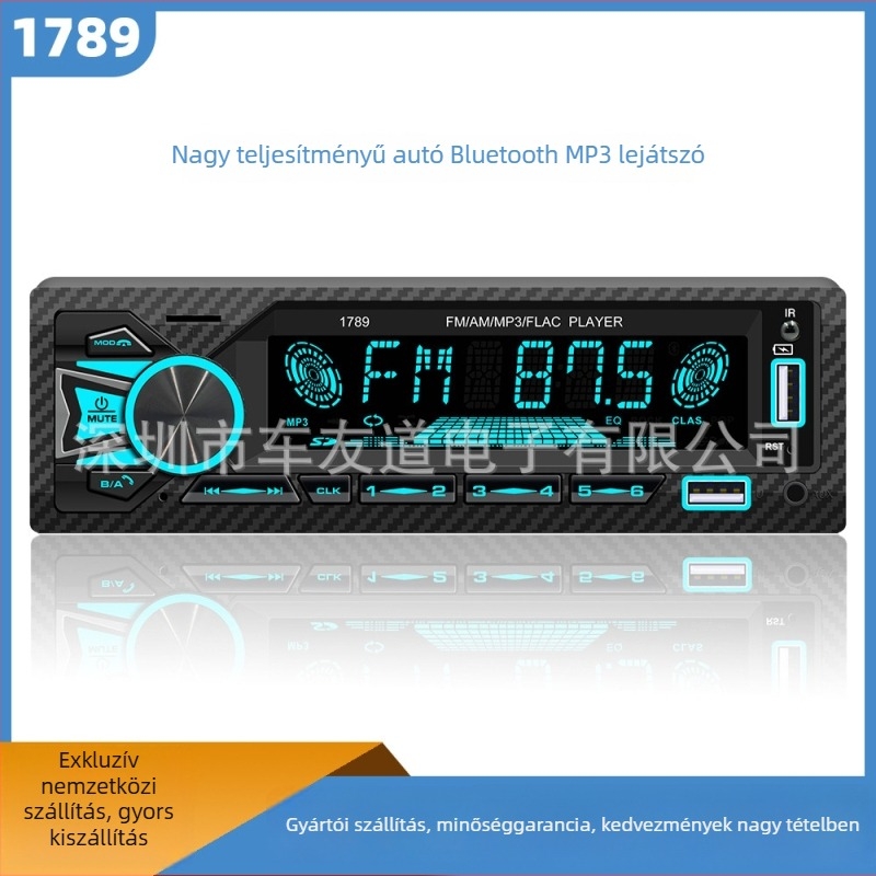 Autós Bluetooth MP3 lejátszó FM rádióval, USB/SD kártya támogatás, 12V tápegység, alumínium ötvözetes ház, Modell 1789