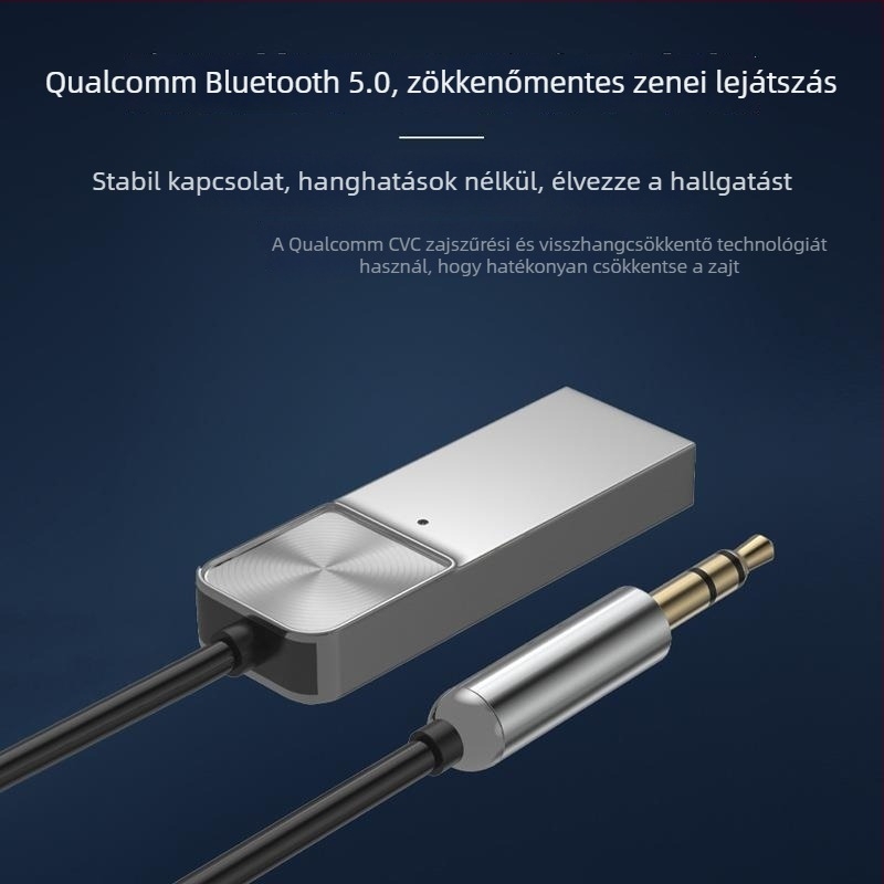 Autó Bluetooth audio vevőadapter, 3,5 mm AUX/USB felület, Bluetooth 5.0, Plug & Play, külső tápegítés nélkül, 2,4 GHz, hatótáv akár 10 m