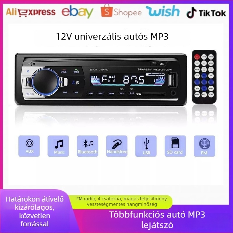 Autó Bluetooth MP3 lejátszó FM rádióval, USB/U-Disk támogatás, AUX bemenet, 12V-os tápegység