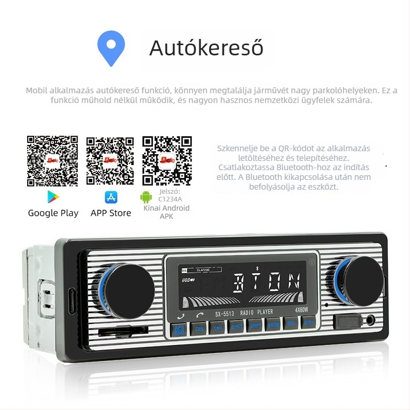 Autós MP3 lejátszó, 12V tápegységgel, OLED kijelző, FM rádió, USB/TF MP3 lejátszás, 128MB tárhely
