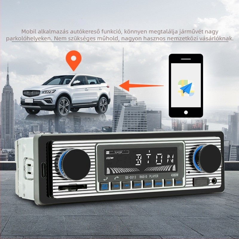 Autós MP3 lejátszó, 12V tápegységgel, OLED kijelző, FM rádió, USB/TF MP3 lejátszás, 128MB tárhely