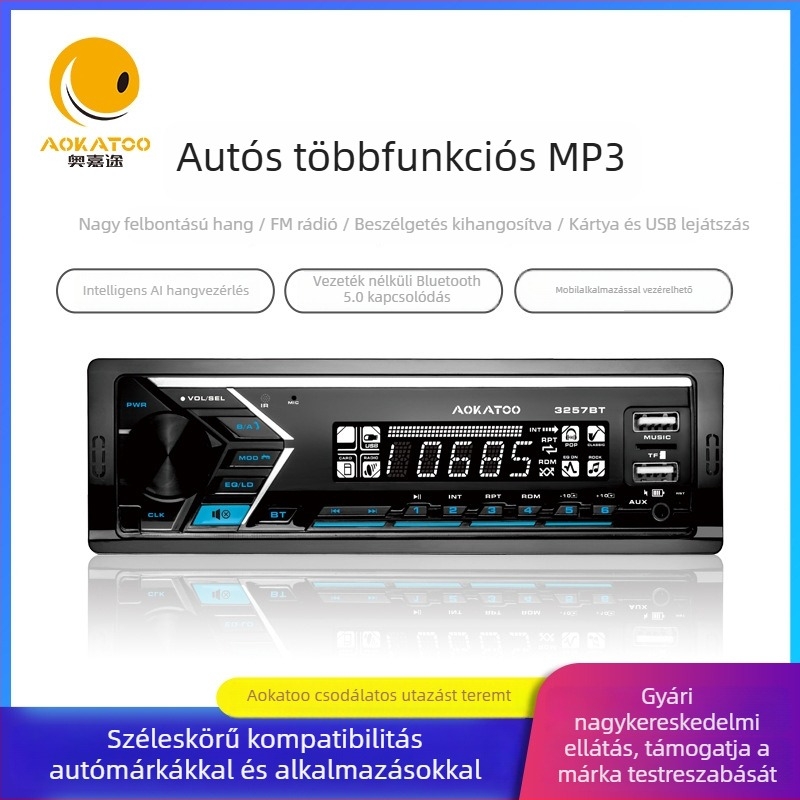 Bluetooth autó MP3 lejátszó FM rádióval, modell 3257BT, DC12V tápegység, független autóhang-interfész, nyomtatott logó