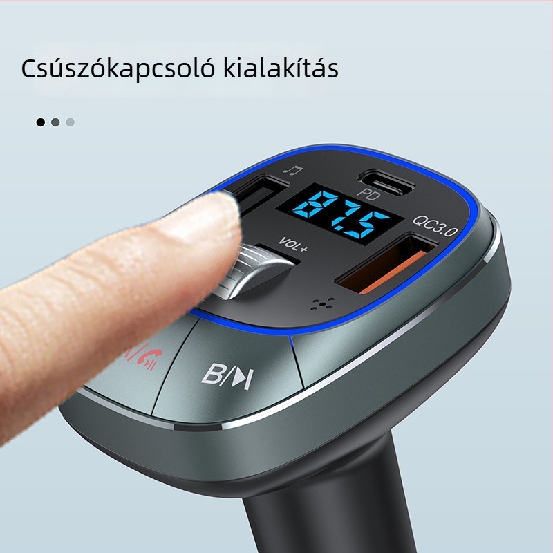 Autóba szóló Bluetooth MP3 lejátszó FM adóval, PD 30W QC3.0 gyorstöltés, USB+PD interfész, 12-24V autótápellátás, monokróm kijelző