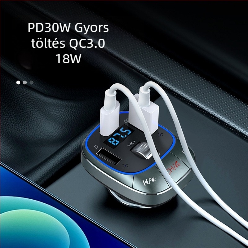 Autóba szóló Bluetooth MP3 lejátszó FM adóval, PD 30W QC3.0 gyorstöltés, USB+PD interfész, 12-24V autótápellátás, monokróm kijelző
