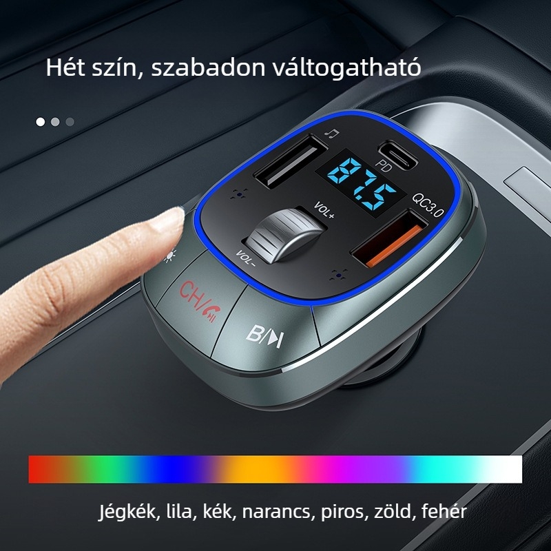 Autóba szóló Bluetooth MP3 lejátszó FM adóval, PD 30W QC3.0 gyorstöltés, USB+PD interfész, 12-24V autótápellátás, monokróm kijelző